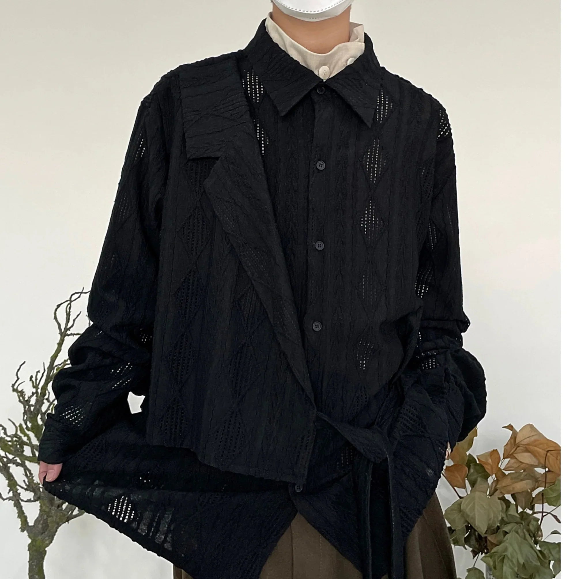 Jacquard Hollow-Out Patchwork Long Sleeve Shirt