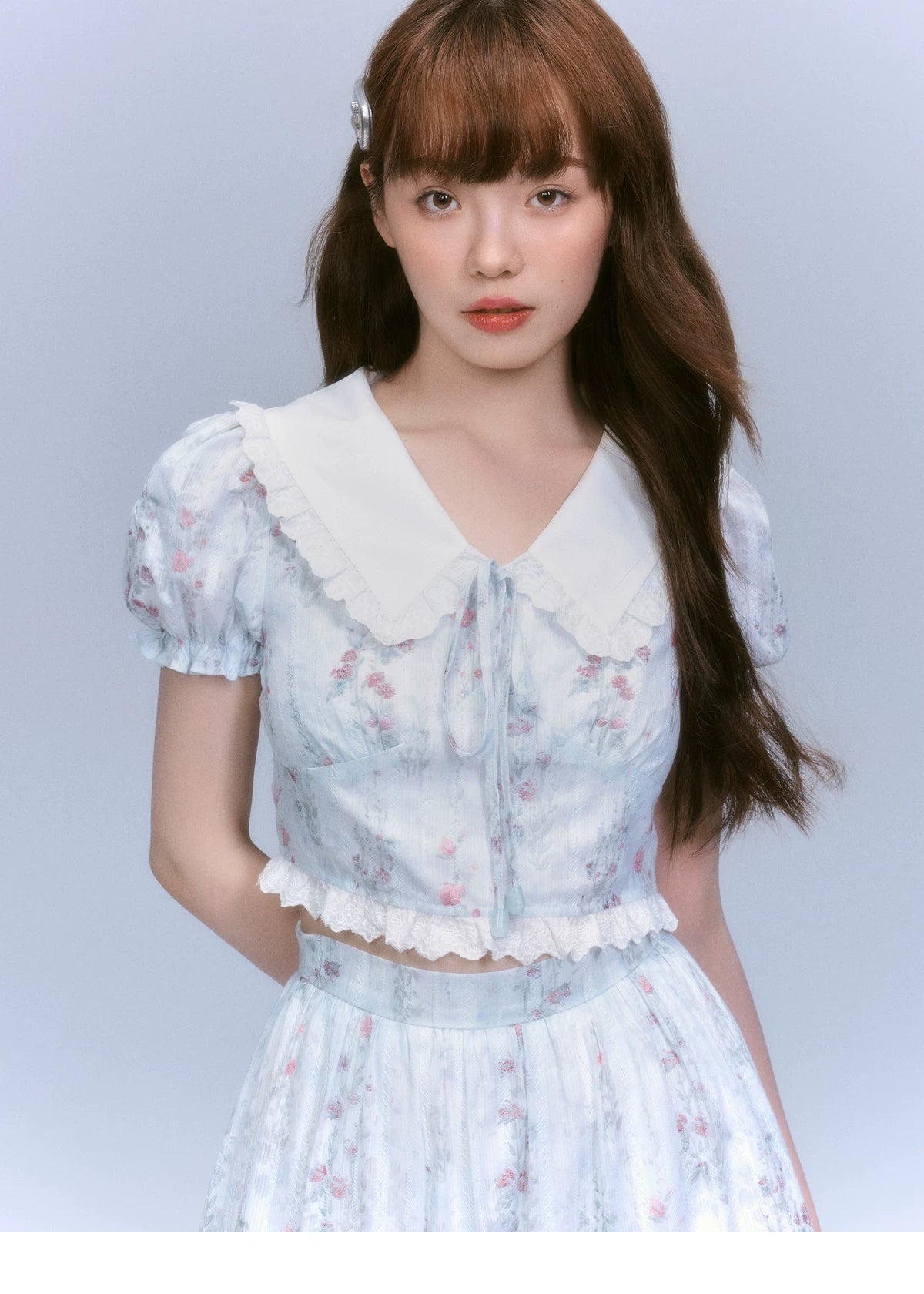 Floral-Print Blouse & Lace Trim Flared Skirt Setup