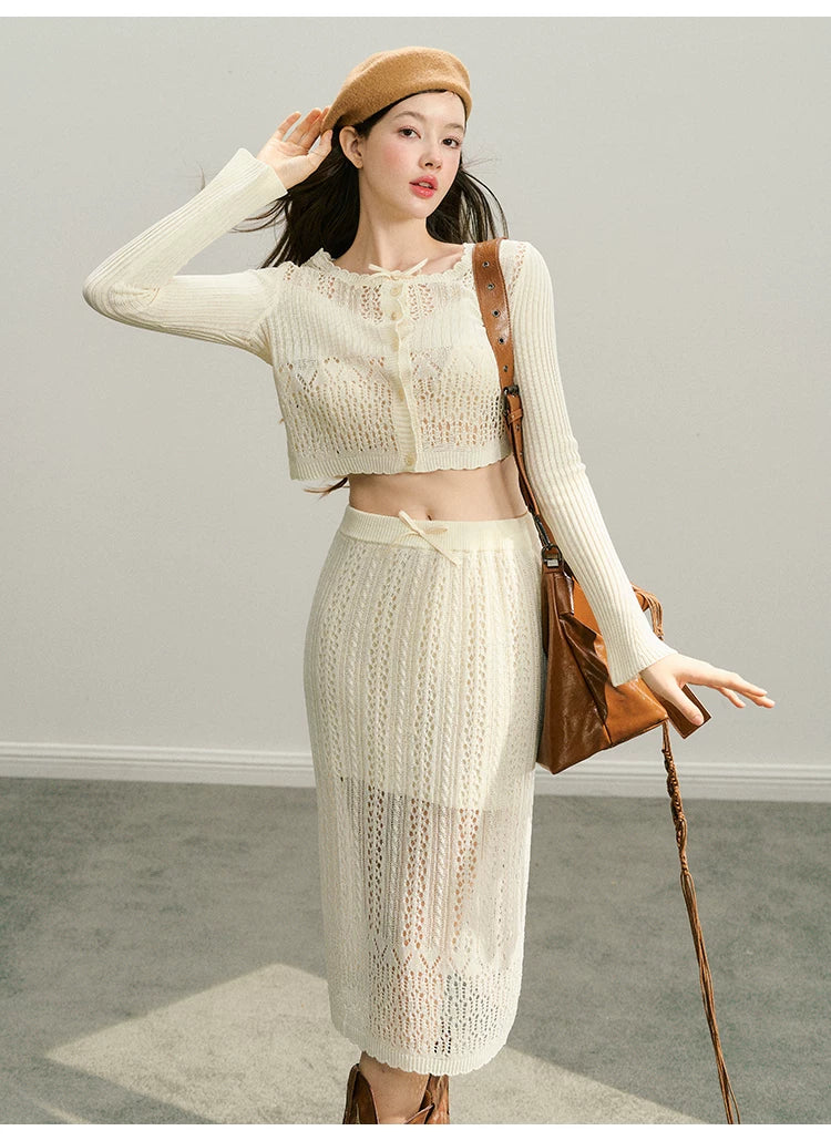 Hollow Out Button Knit Cardigan & Half Skirt Setup