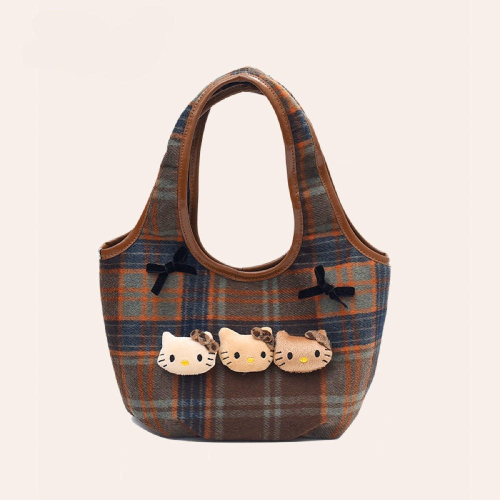 Vintage Karo Tragetasche mit Hello Kitty Trio - Soft Girl Ästhetische Handtasche