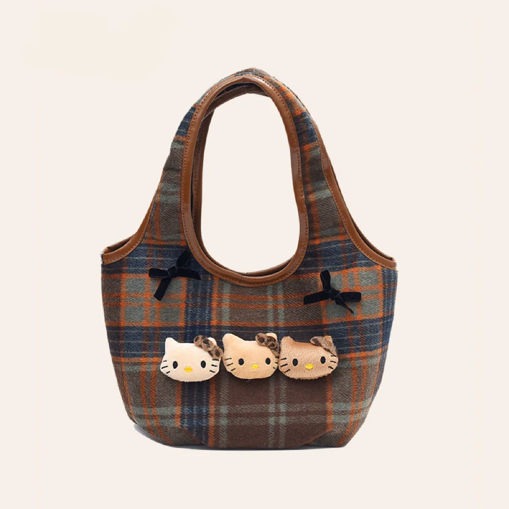 Vintage Plaid Tote Bag with Hello Kitty Trio - Soft Girl Aesthetic Handbag - MADXMARX