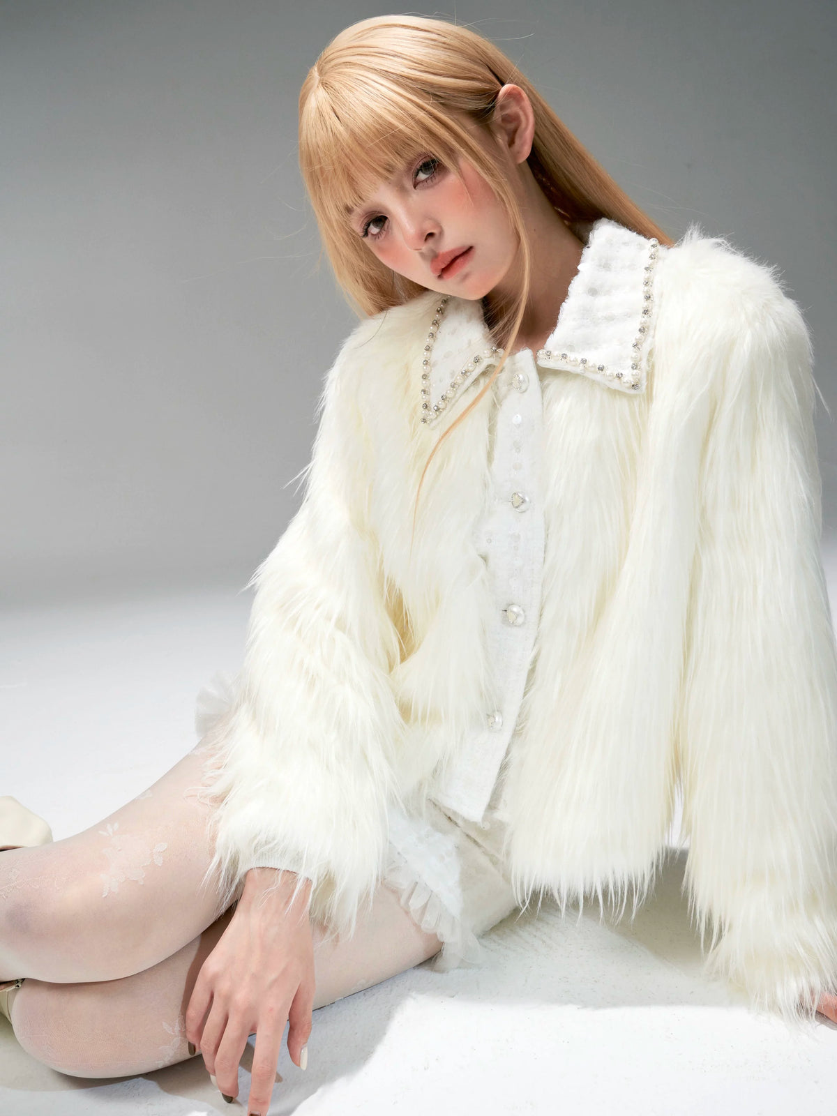 Eco Fur Warm Jacket & Short Skirt & Long Skirt Setup