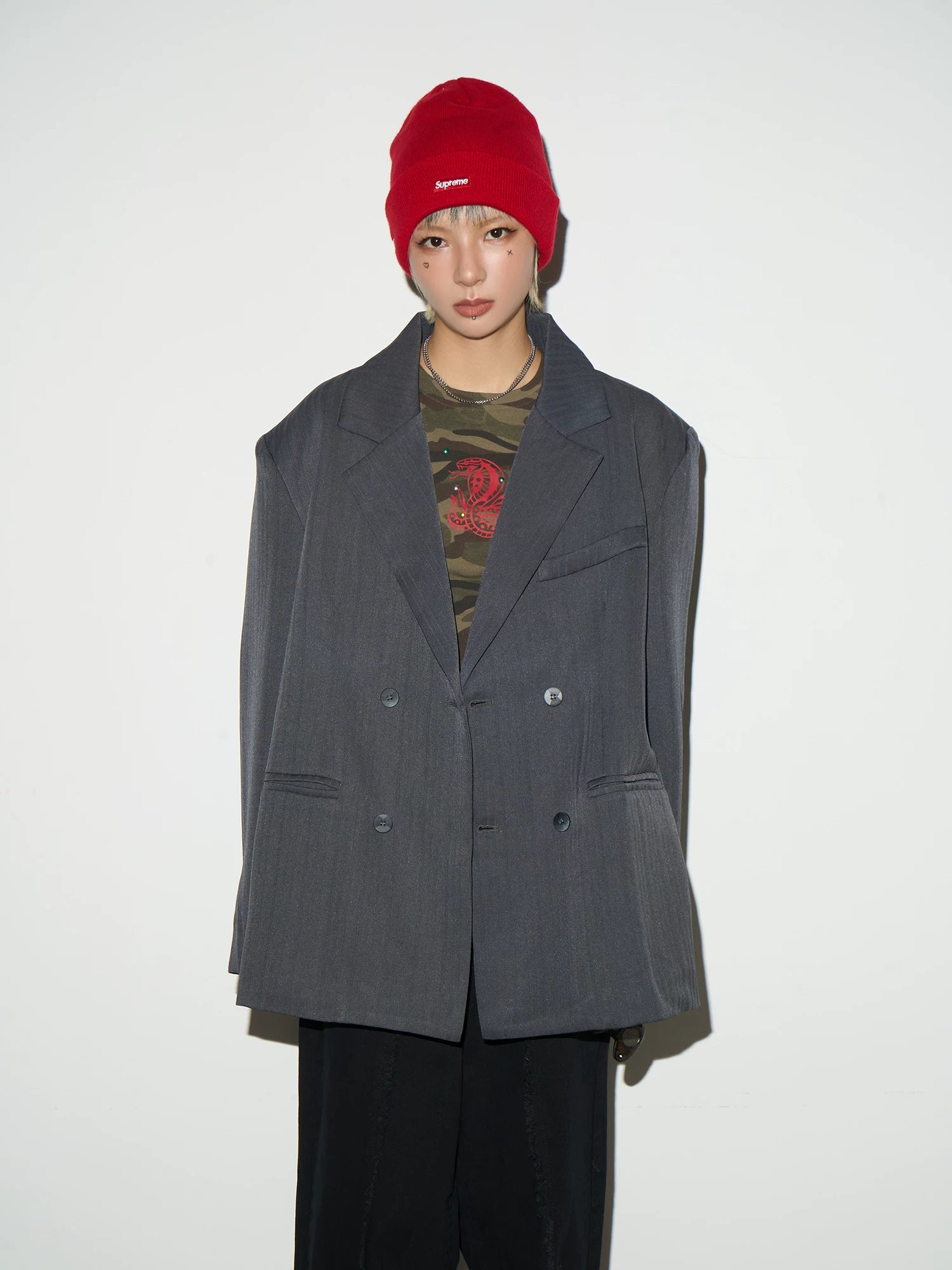 Shoulder-Pad Draped Tailored Jacket & Trousers Setup