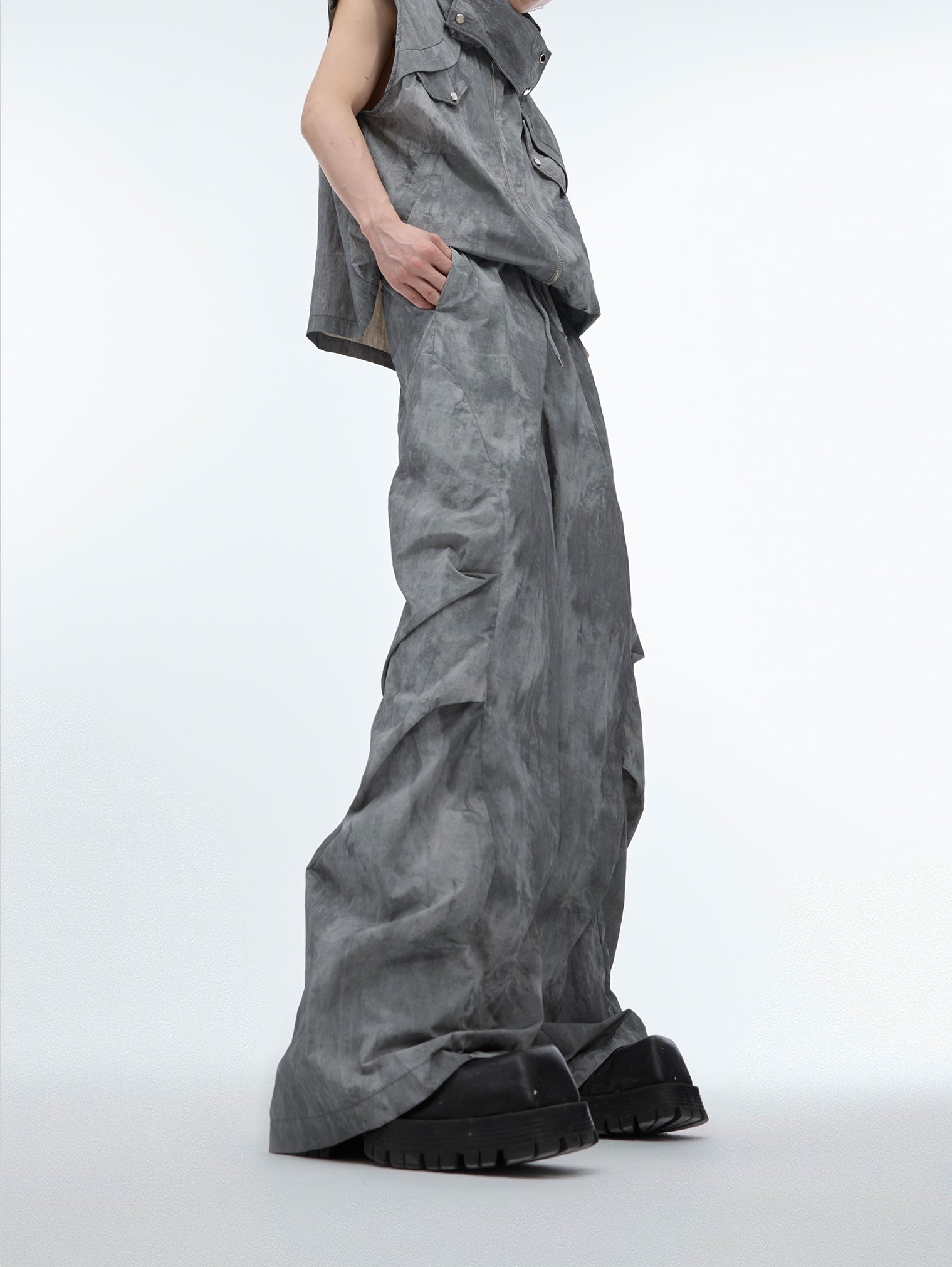 Zipper Hooded Sleeveless Jacket & Workwear Wide-Leg Straight Pants Setup