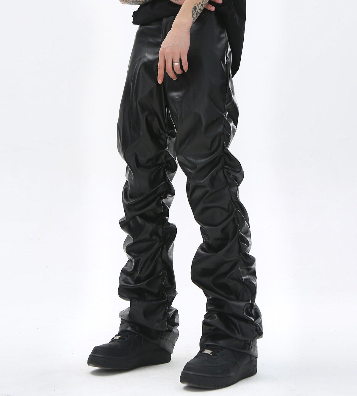 PU Leather Pleats Straight Pants