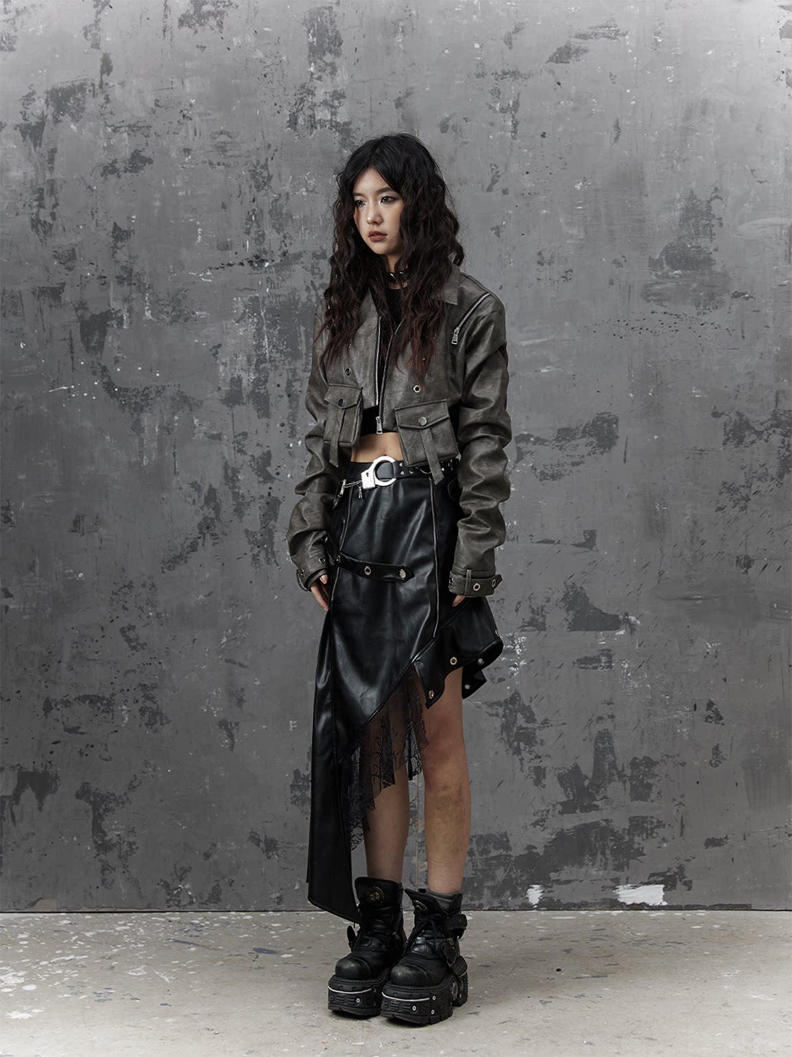 Asymmetric PU Leather Mesh Patchwork Skirt