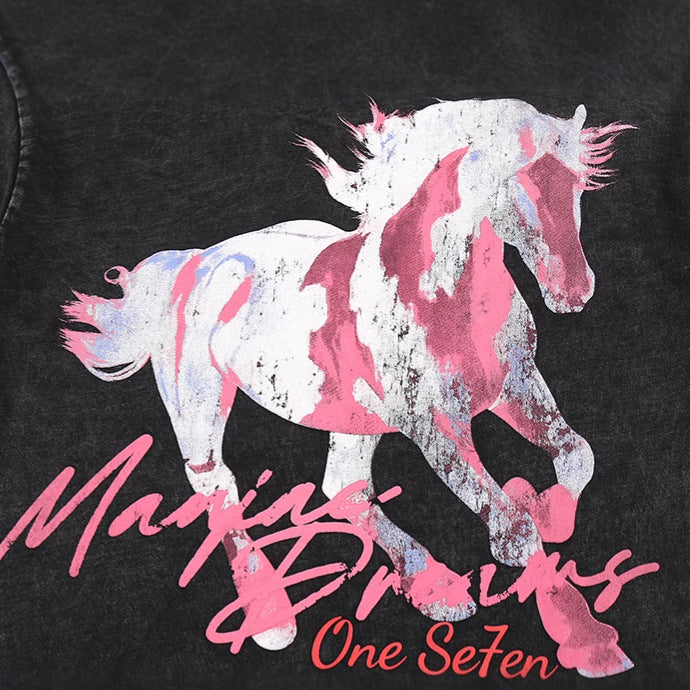 Washed Graphic Horse Print Short Sleeve T-Shirt