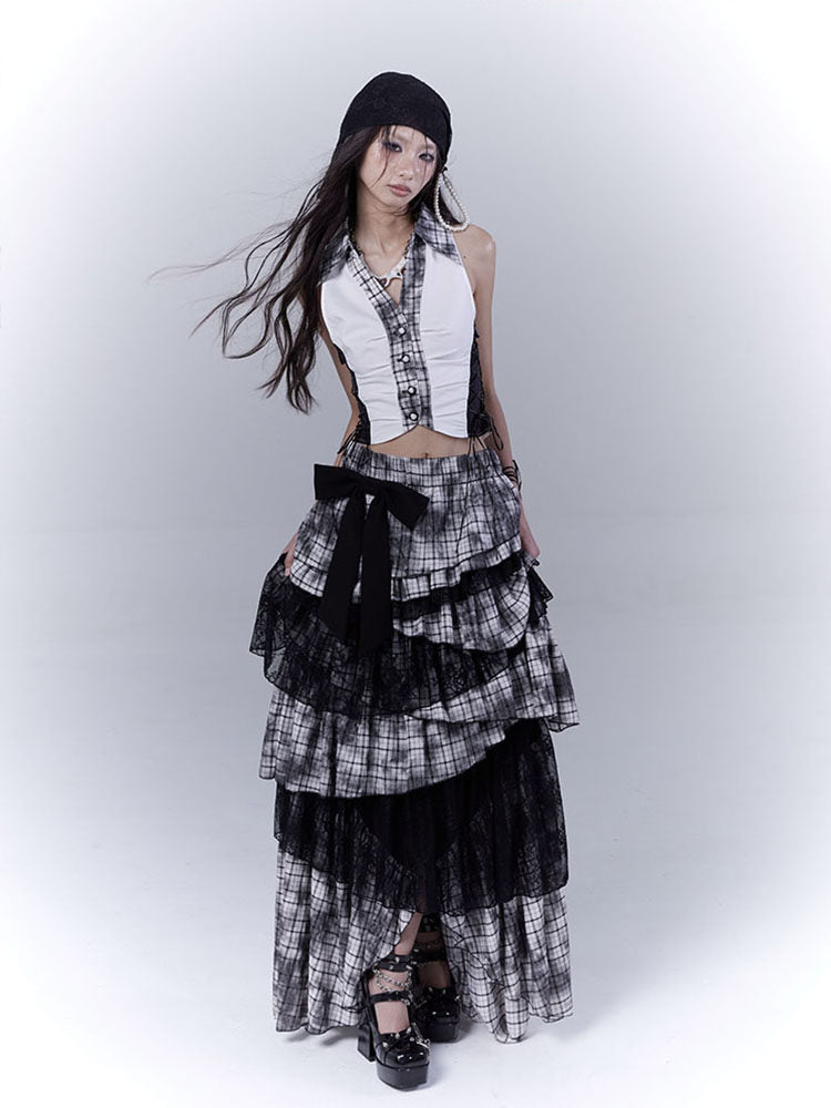 Lace Plaid Tiered Asymmetric Skirt