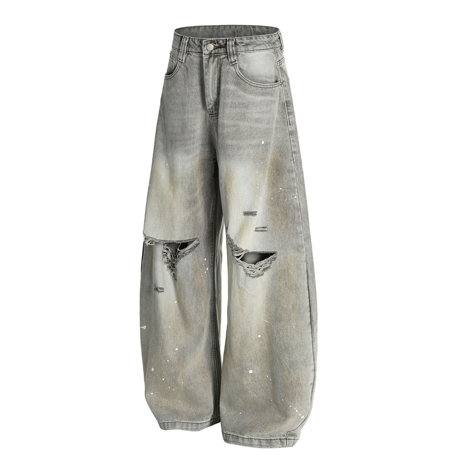 Ink Splash Damage Curved Wide Leg Denim Jeans