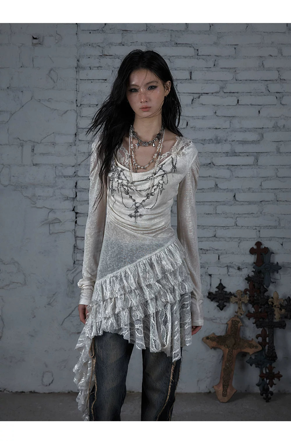 Lace Hooded Asymmetric Ruffle Dress