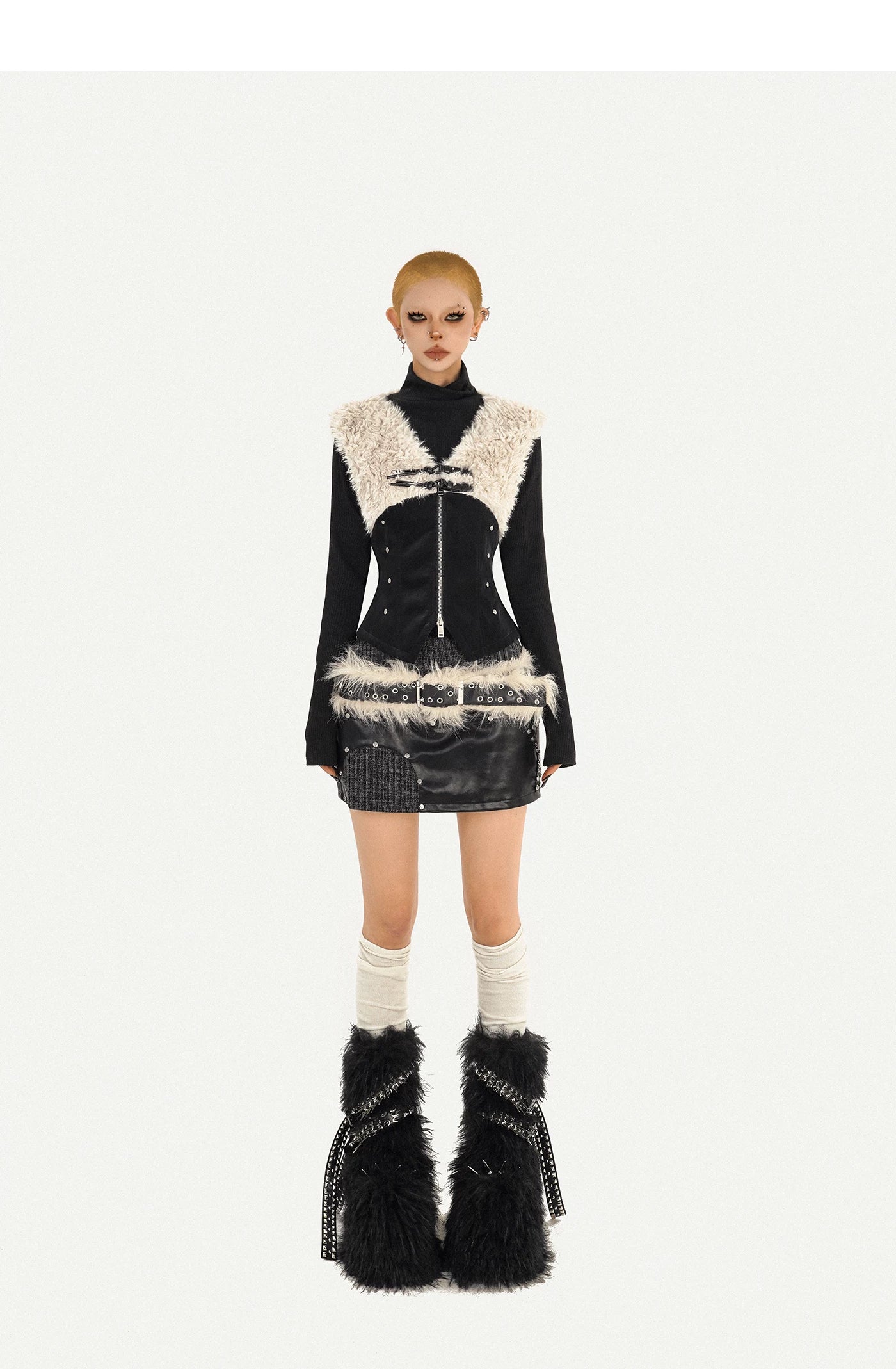 Fake Fur Patchwork V-Neck Slim PU Leather Vest & Ribbed High-Neck Knit Sweater