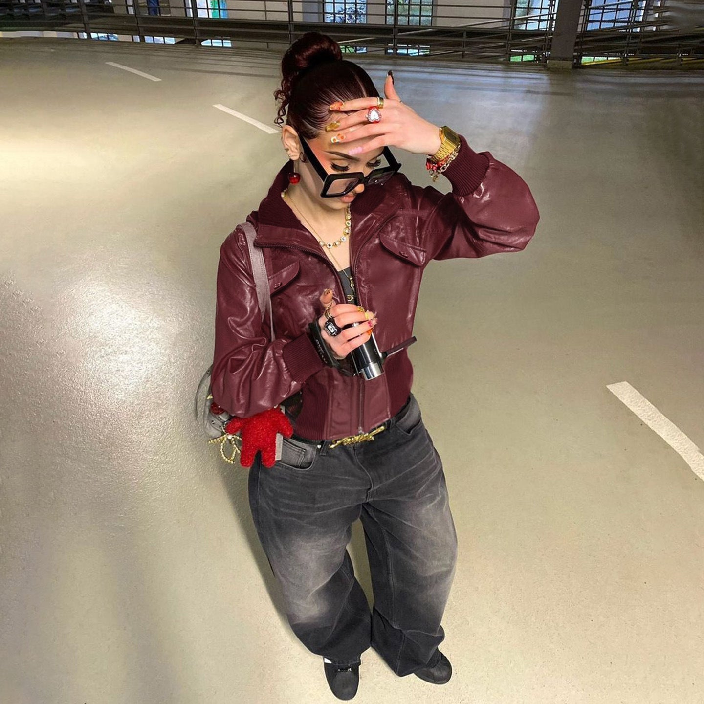 High-Neck Patchwork Leather Jacket