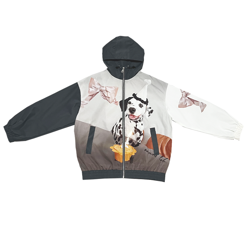 Dalmatian Print Contrast Patchwork Hooded Zipper Jacket