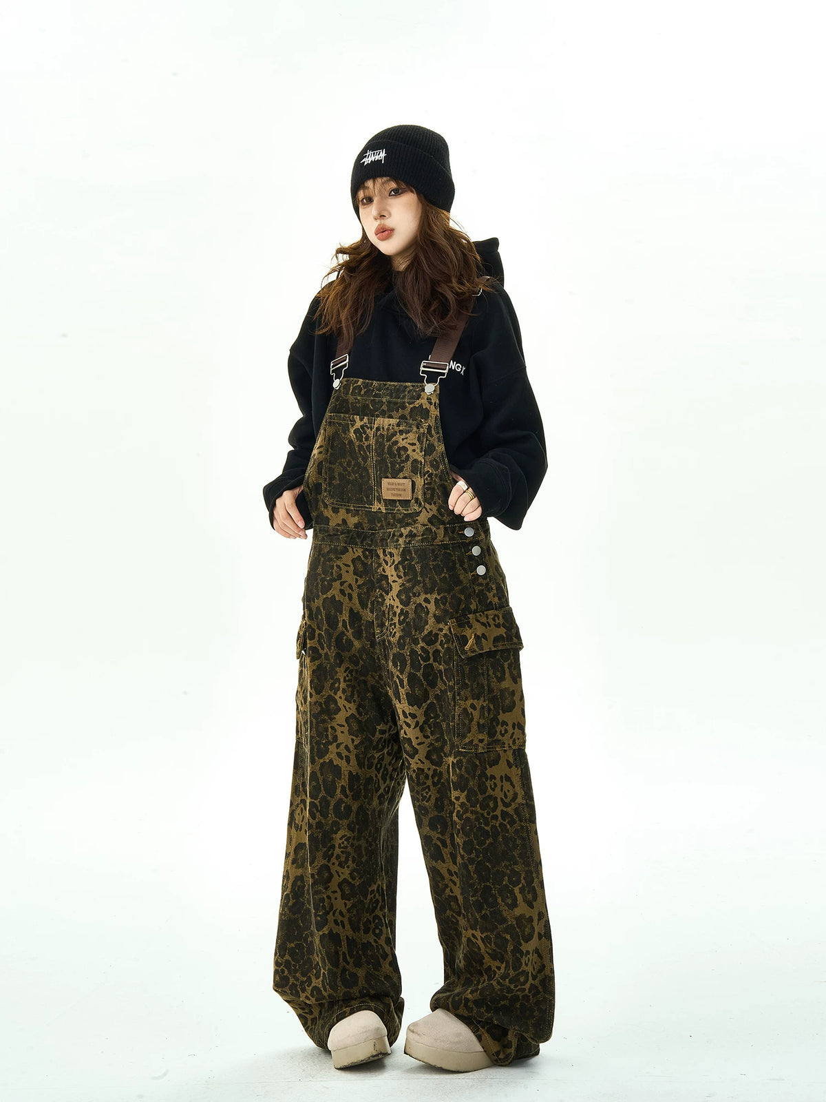 Leopard Pattern Wide Leg Overalls