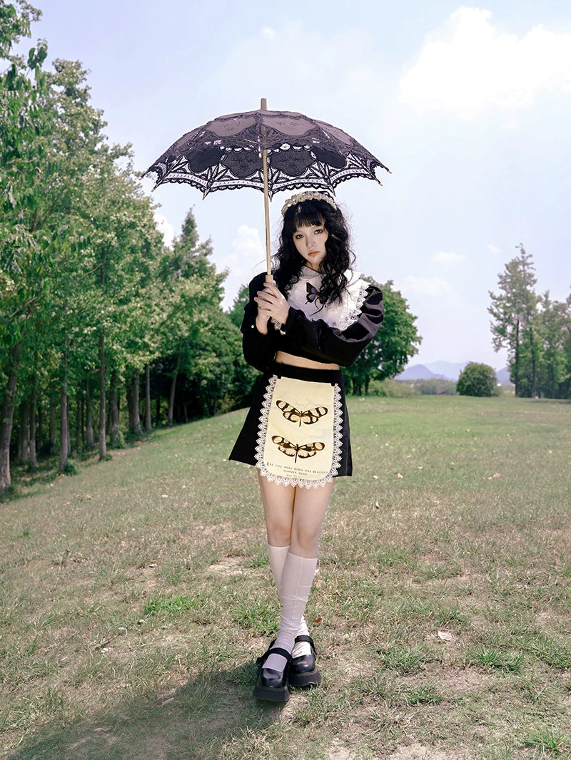 Graphic Print Lace Ruffle Skirt