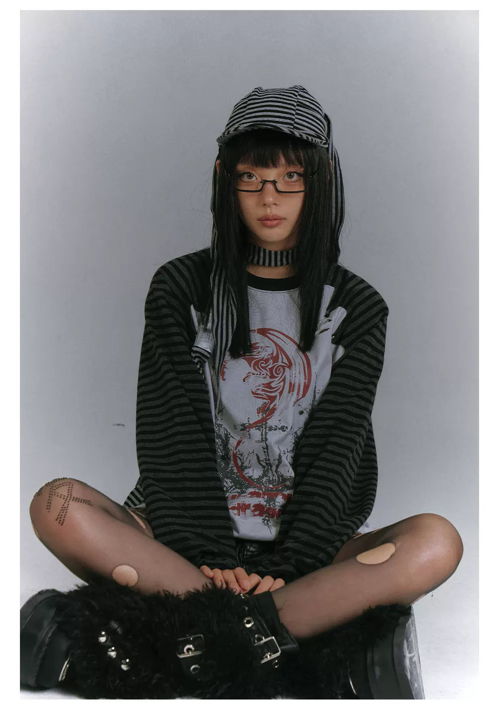 Raglan Stripe Damage Patchwork Long Sleeve T-Shirt