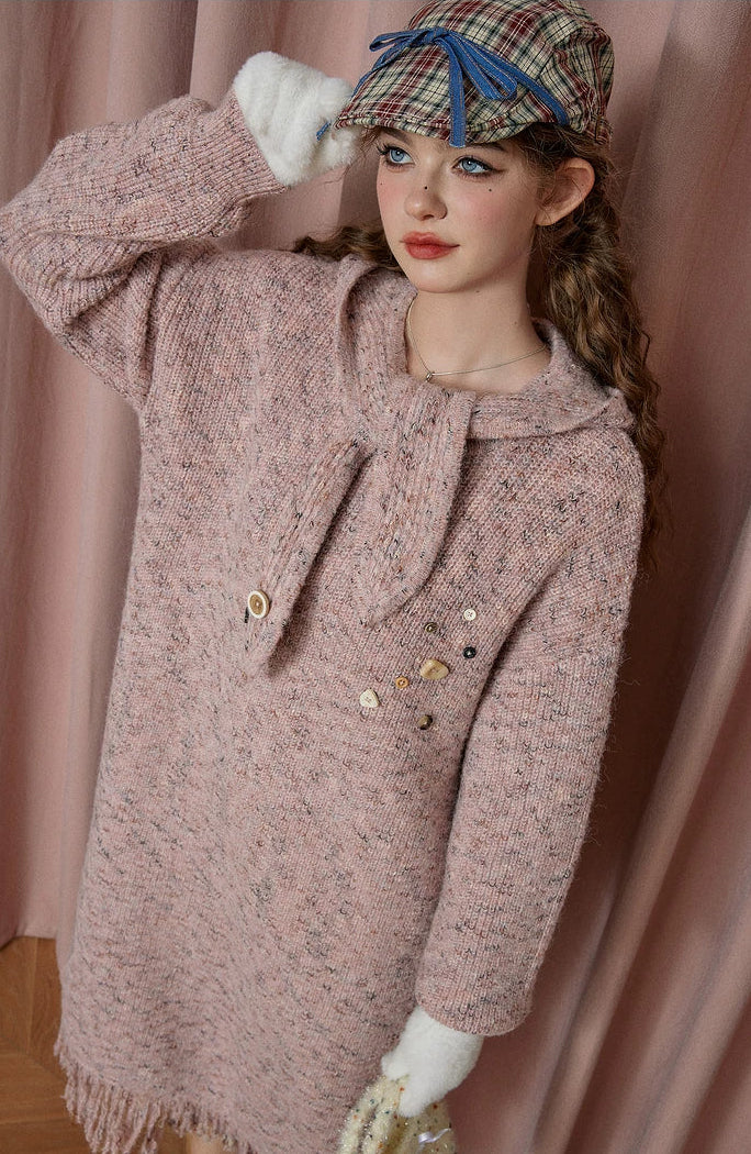 Robe longue ample à manches longues en maille avec capuche