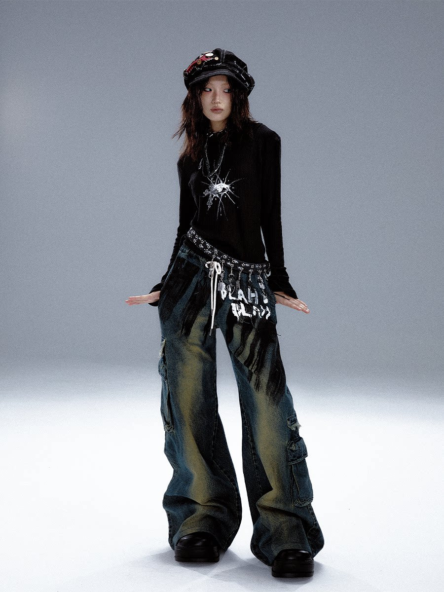 Washed Graffiti Wide-Leg Straight Dnim Jeans