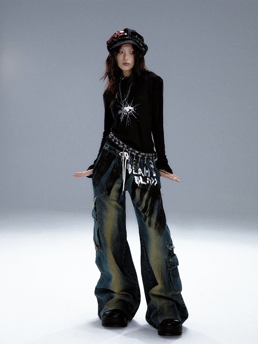 Washed Graffiti Wide-Leg Straight Dnim Jeans