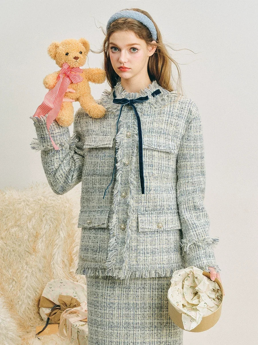 Bow Jacquard Jacket & Tassel Jacquard Short Skirt Setup