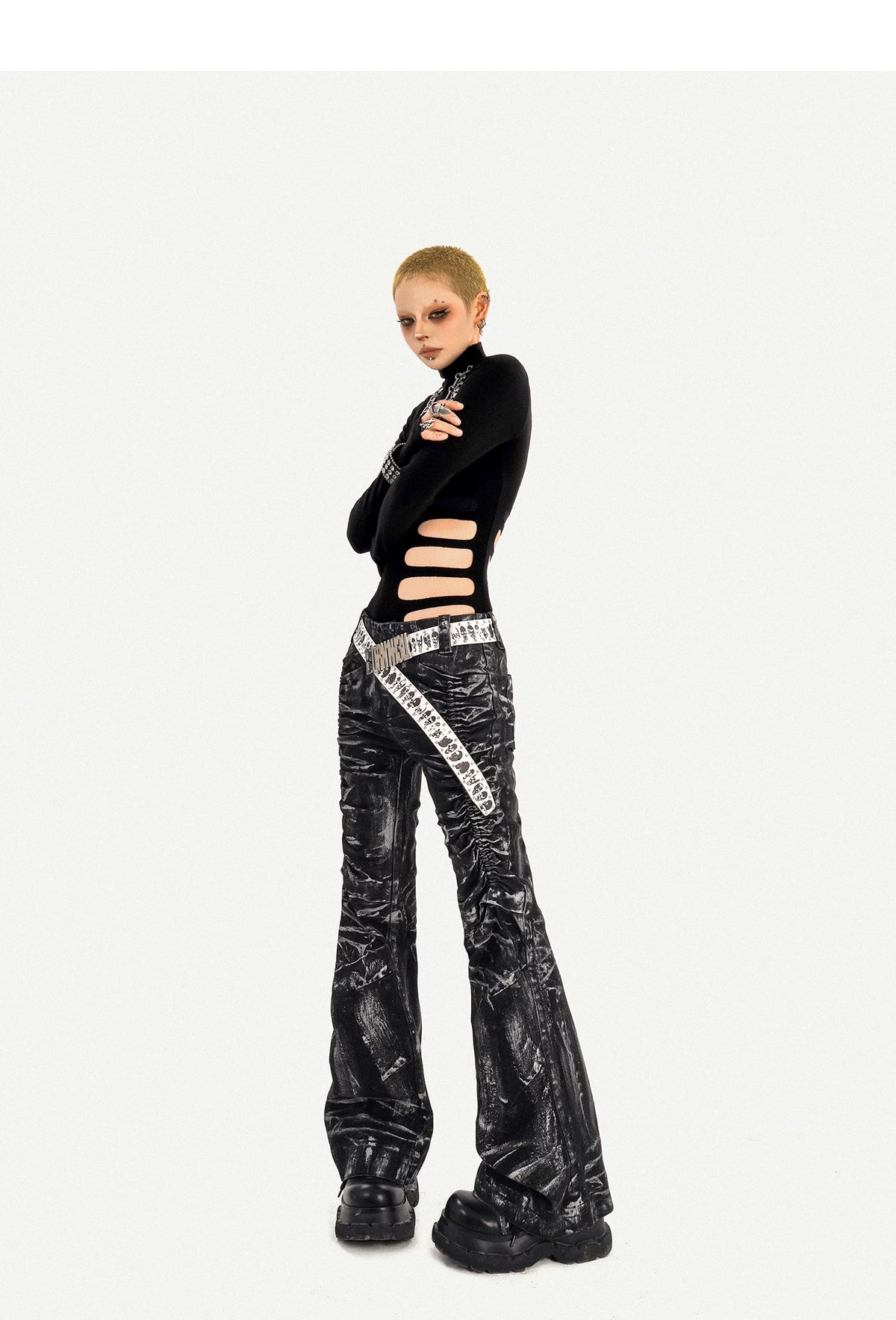 Lightning Print Deconstructed Pleats Flare Denim Jeans