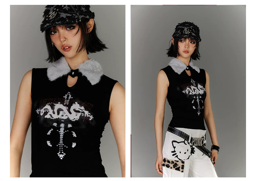 Fake Fur Collar Ribbed Graphic Print Sleeveless T-Shirt