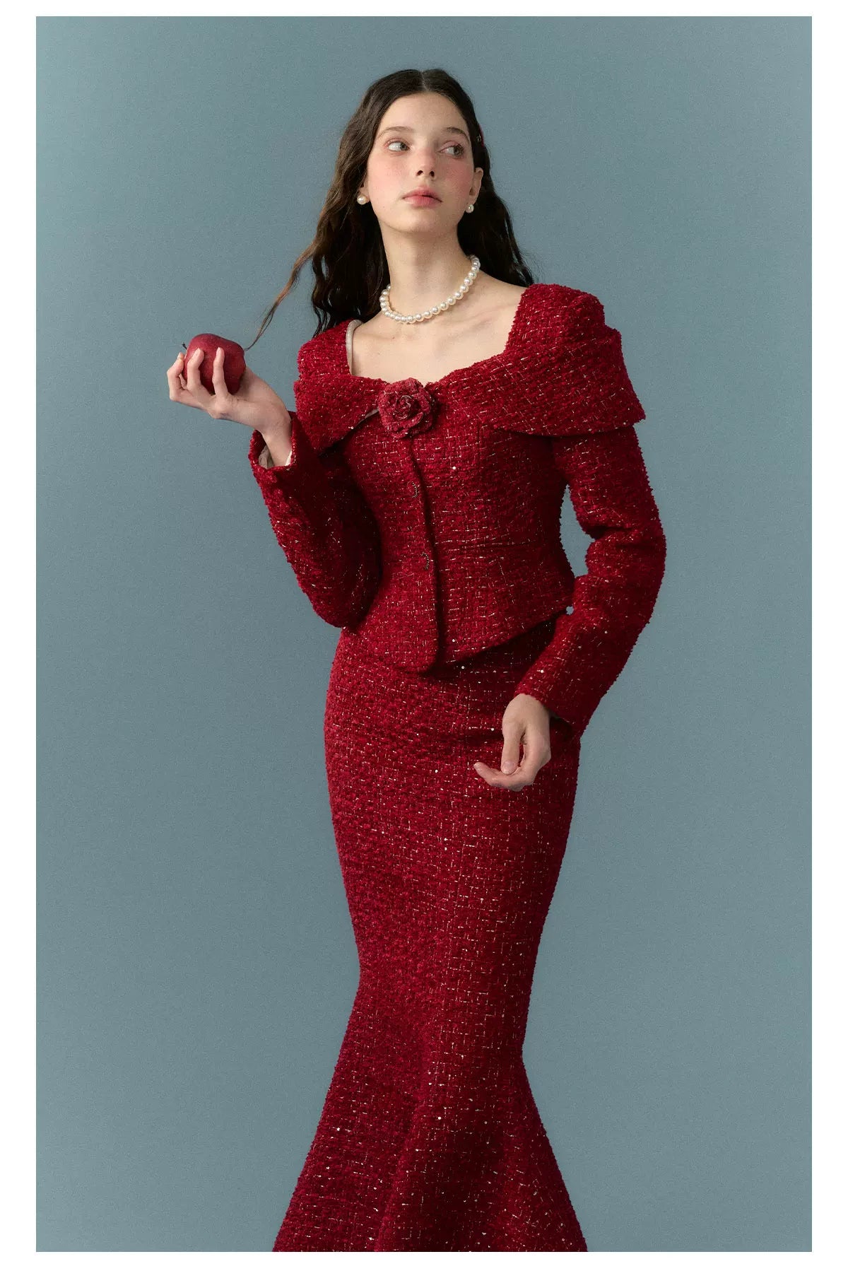 Short Tweed Jacket & Tweed Short Skirt & Tweed Fishtail Long Skirt & Fur Scarf Setup