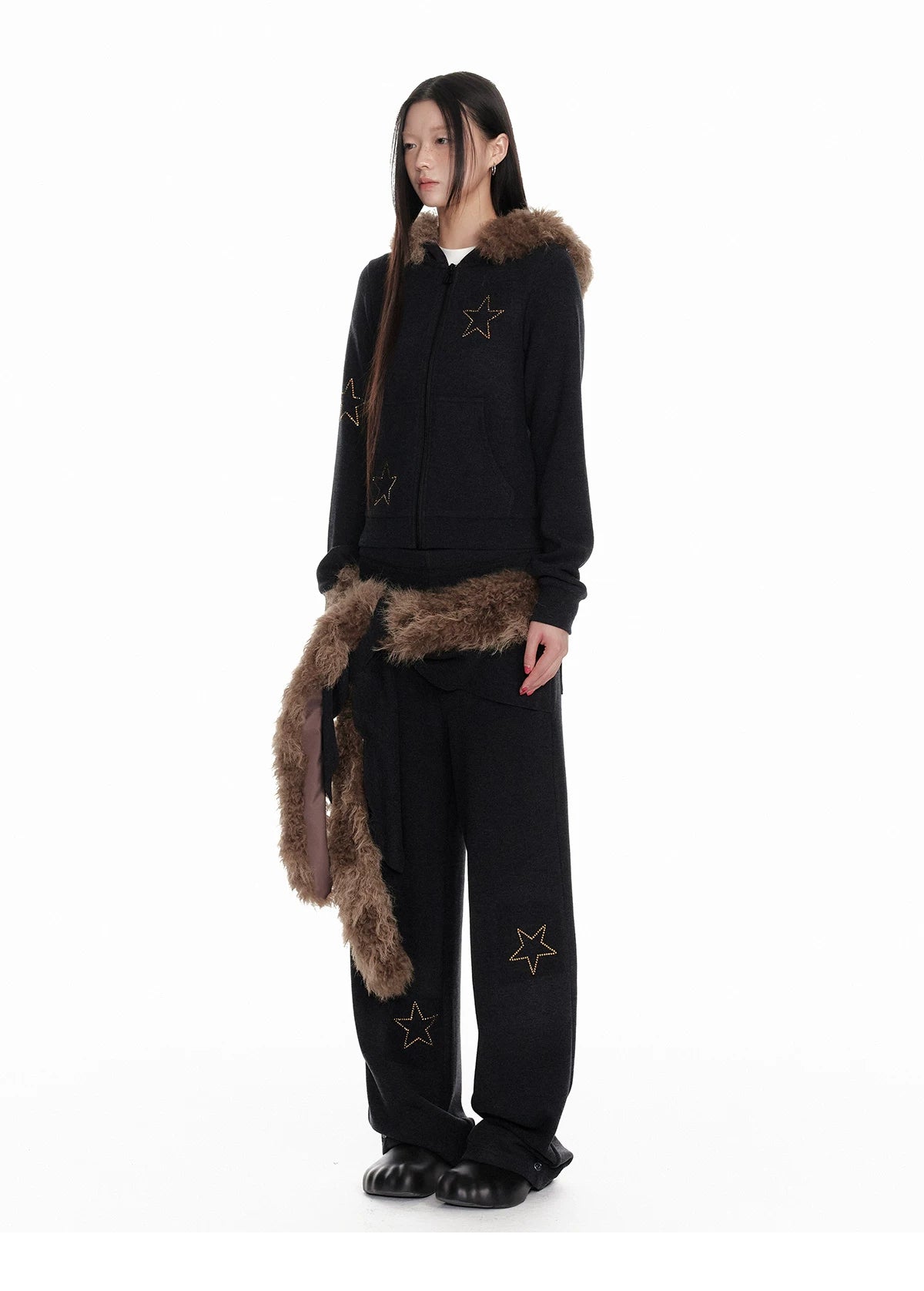 Horn Fur Collar Fuzzy Zipper Hoodie & Wide-Leg Pants Setup