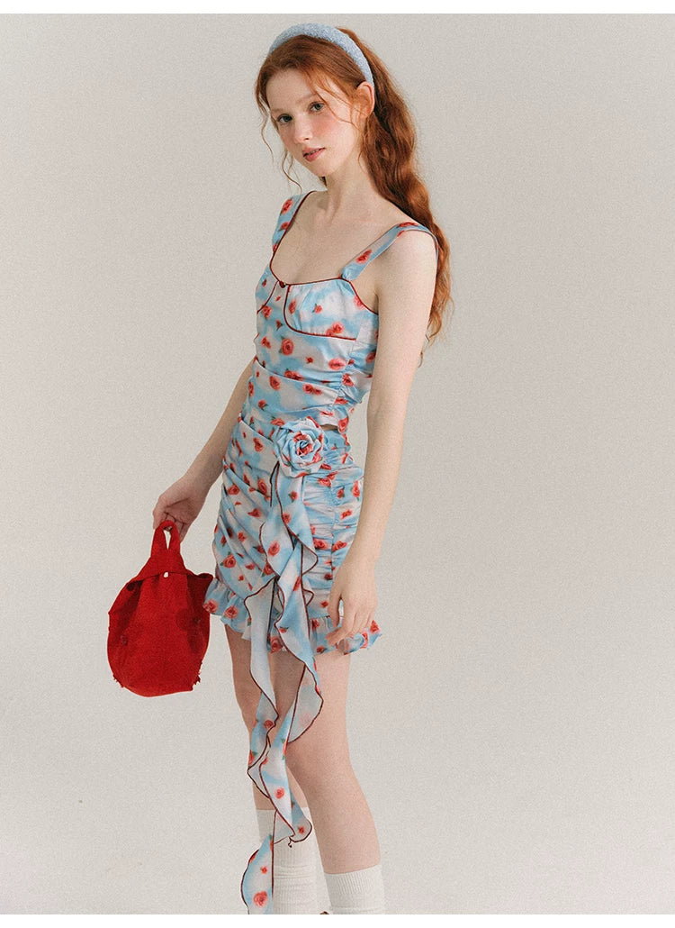 Hand Painted Rose Floral Camisole & Short Skirt Setup