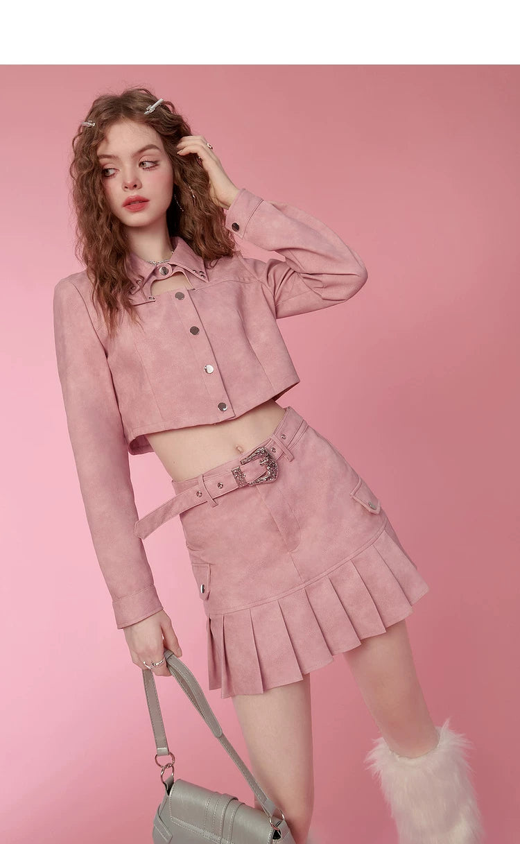 PU Leather Short Jacket & Short Pleats Skirt Setup