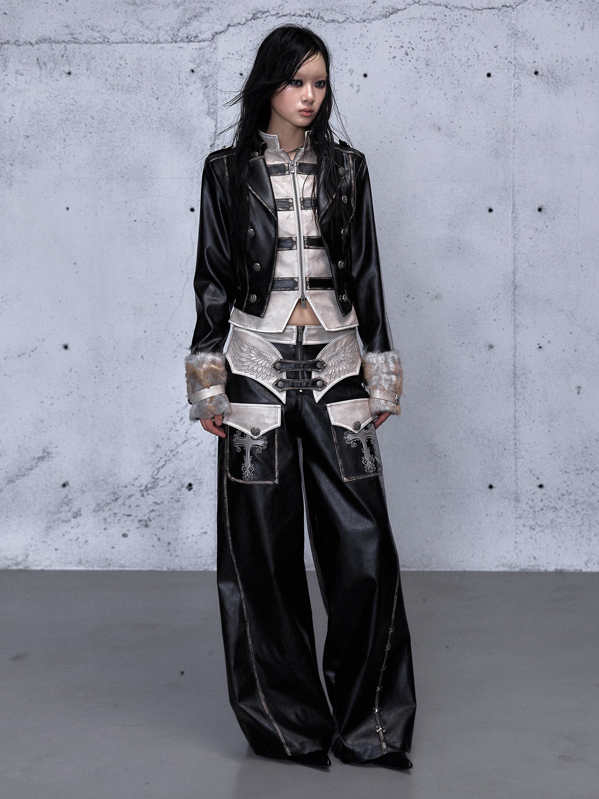Standing-Collar Belt Detail Fake Fur Cuff PU Leather Jacket