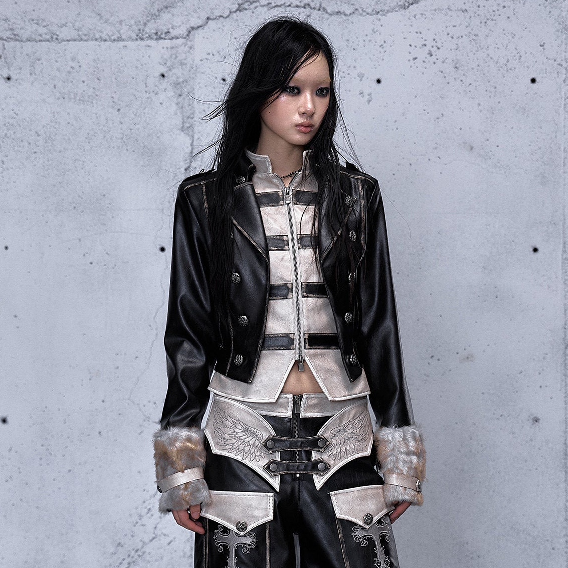 Standing-Collar Belt Detail Fake Fur Cuff PU Leather Jacket