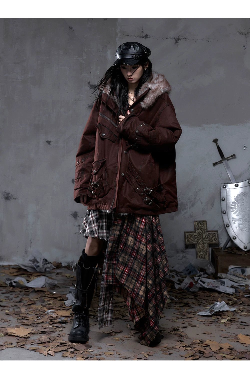 Fake Fur Hooded Multi-Pocket Buckle Detail Jacket