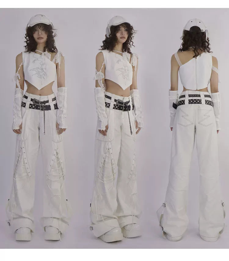 Tie-Strap Double-Waist Wide Leg Denim Jeans & Belt