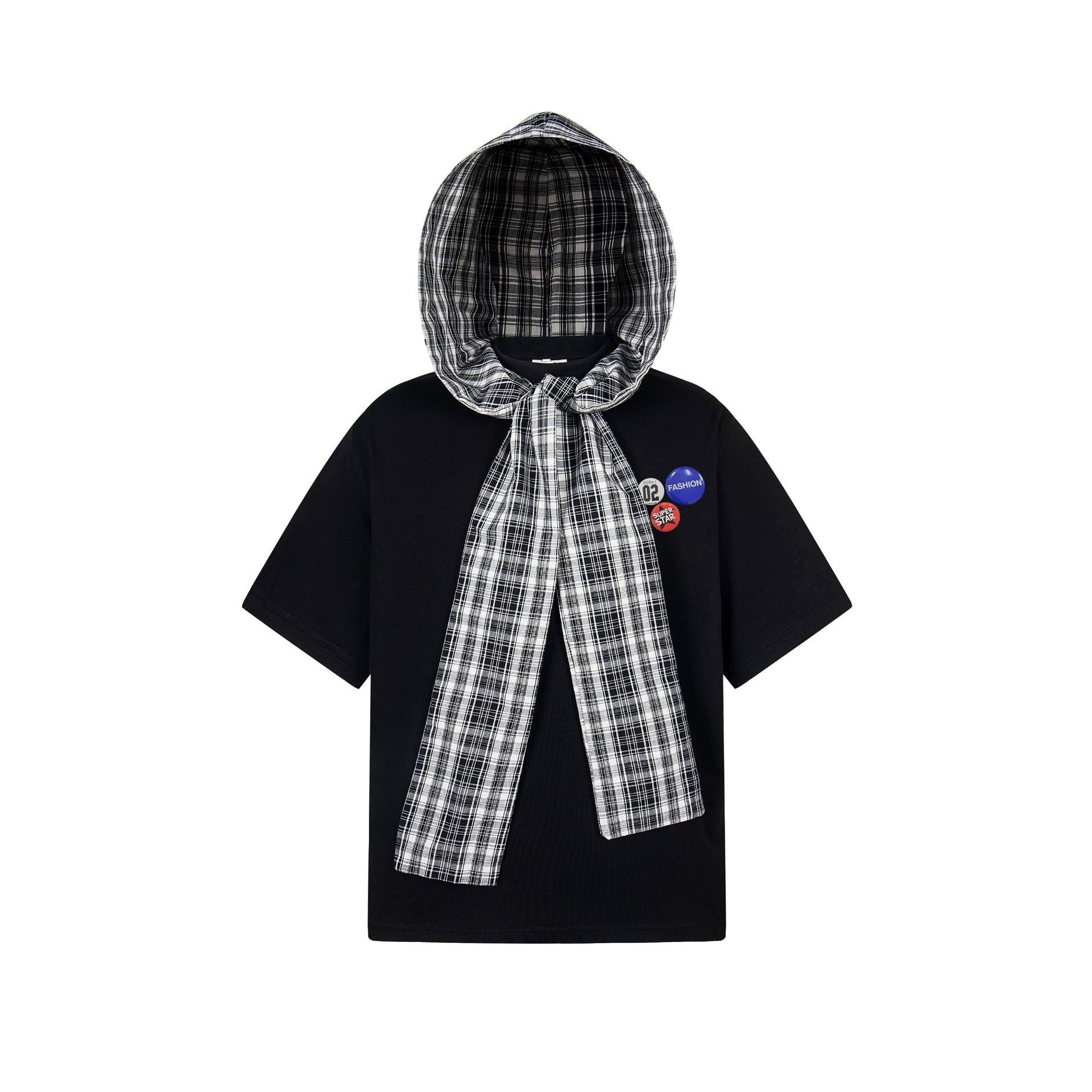 Detachable Badge Hooded Plaid Cape T-shirt - MADXMARX