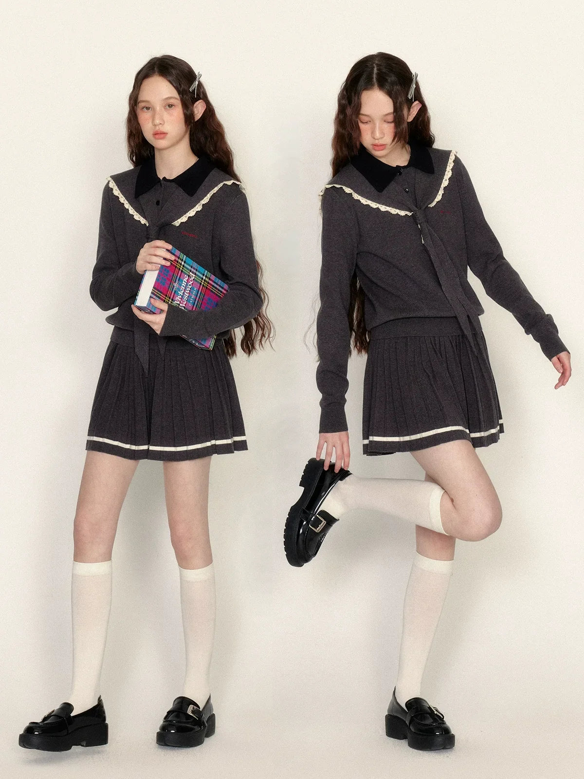Detachable Sailor Collar Knit Sweater & Pleated Skirt Setup