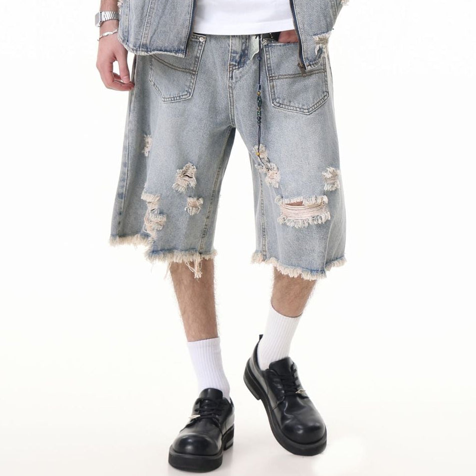 Washed Damage Wide Leg Denim Short Pants