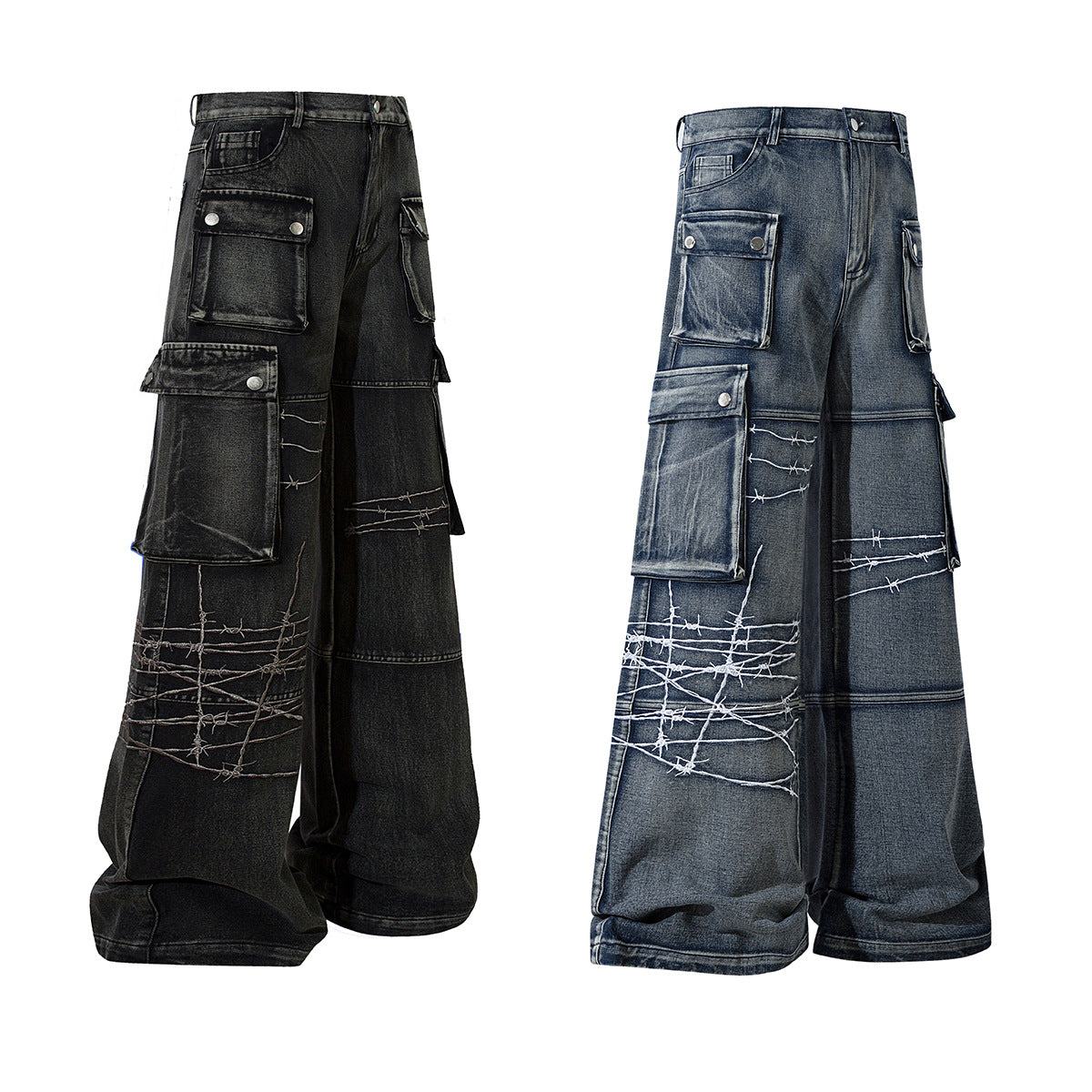 Cargo Pocket Embroidery Wide Leg Denim Jeans