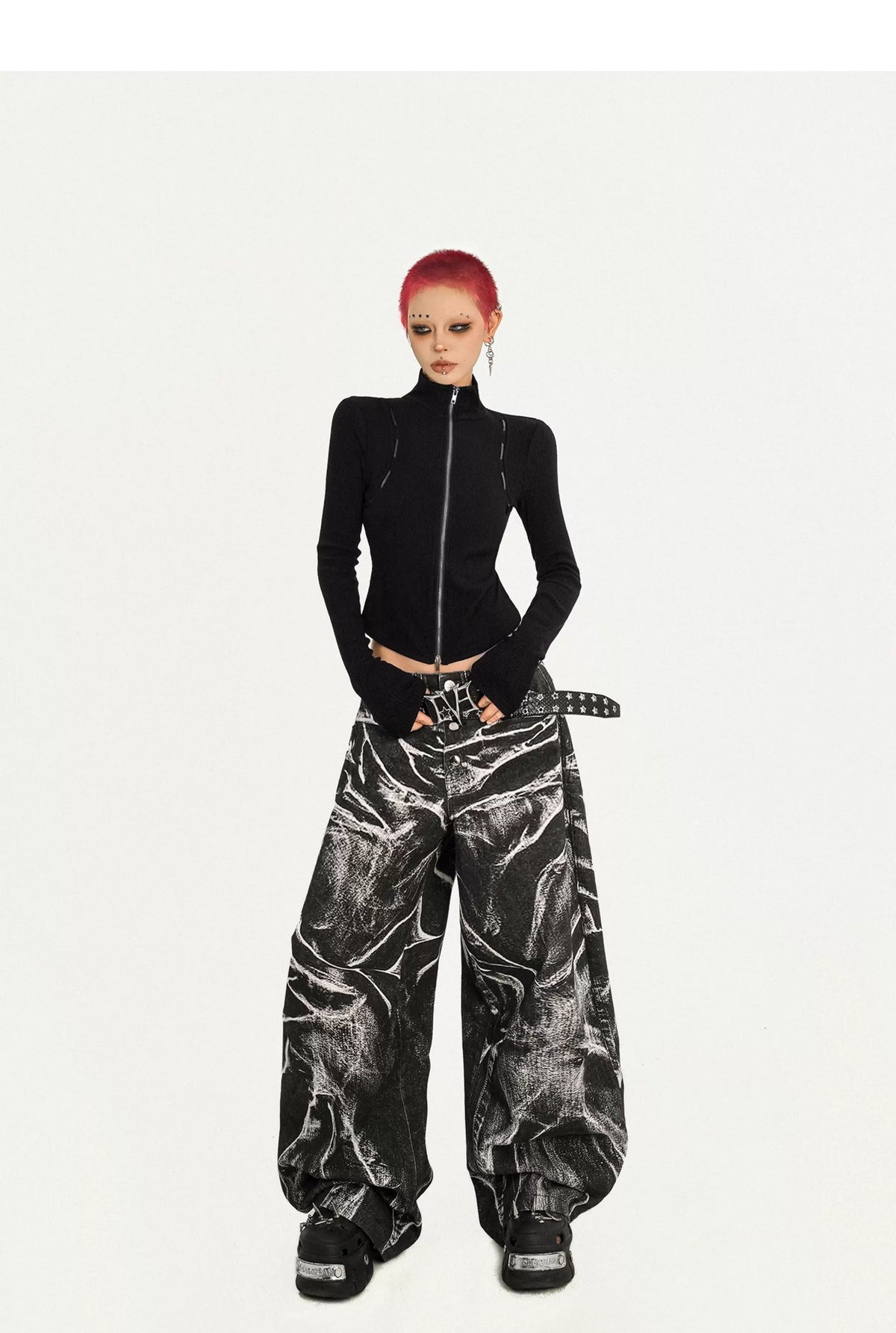 Ripple Pattern Design Wide Leg Denim Jeans