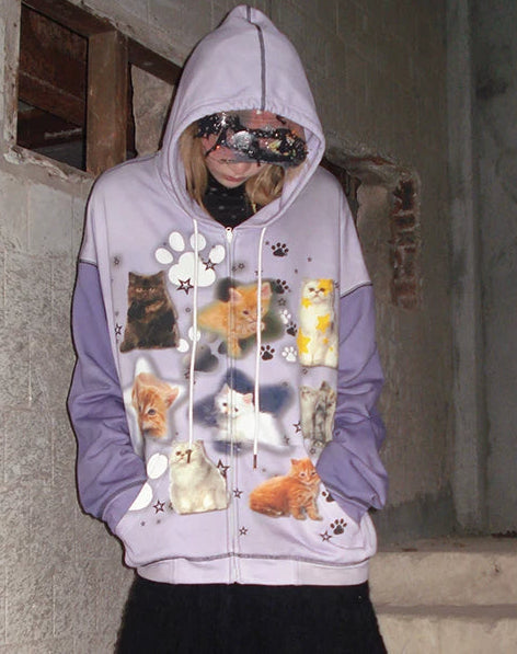 Cat Print Zipper Hoodie