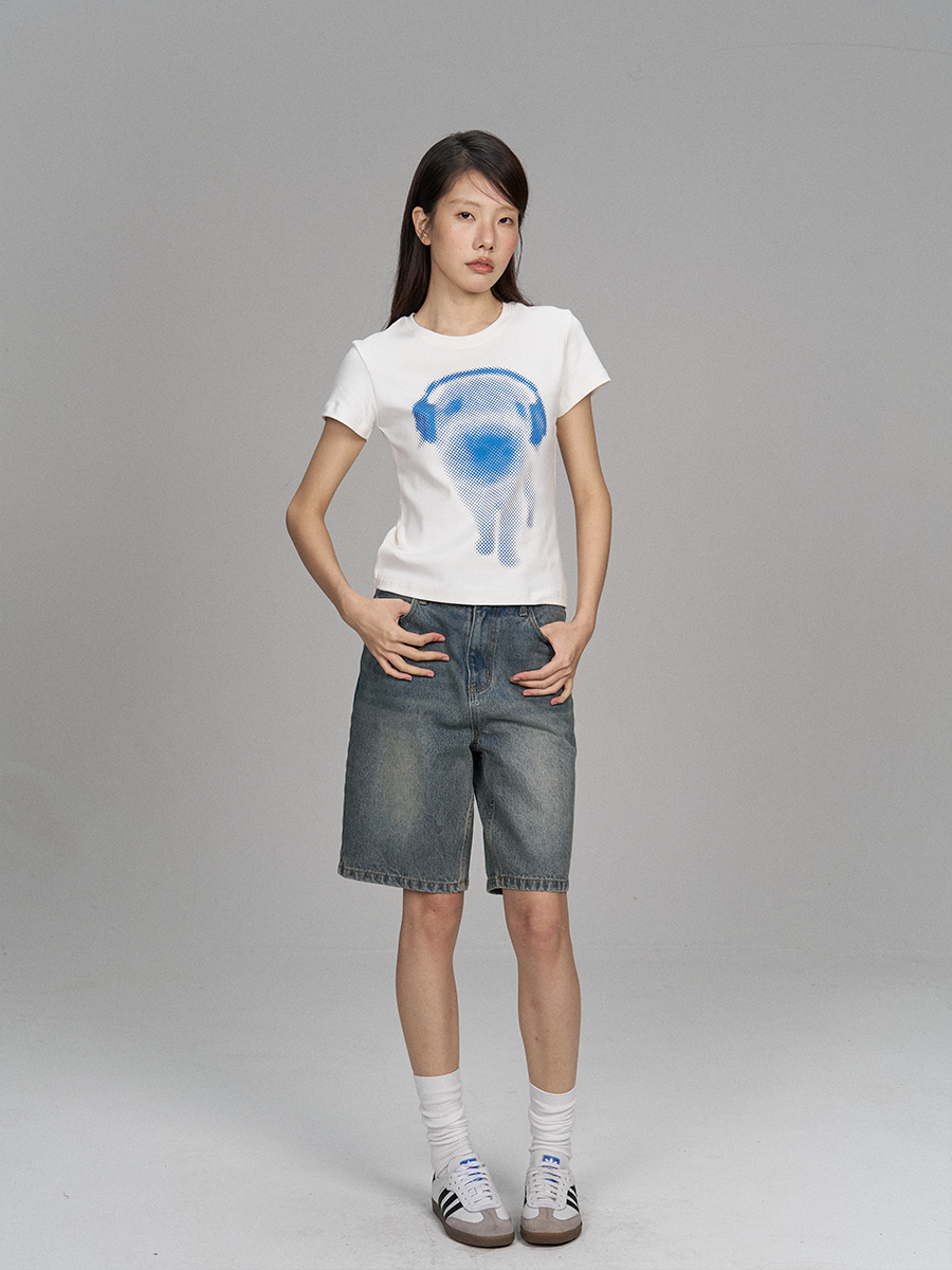 Puppy Print Slim Short Sleeves Crop T-Shirt