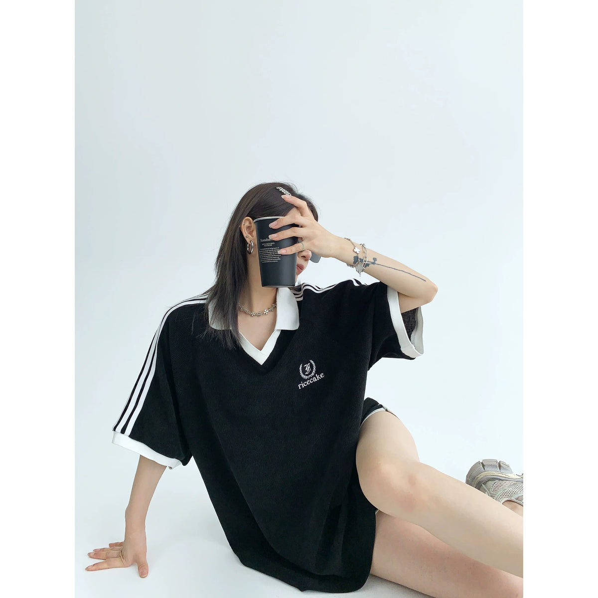 Oversize V-Neck Short Sleeve Polo Shirt