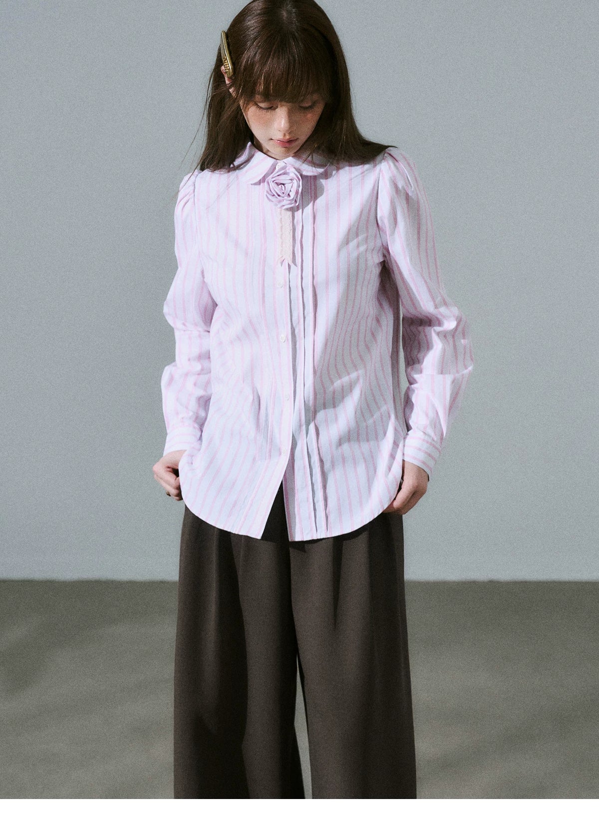 Lace & Flower Detail Stripe Long Sleeve Shirt