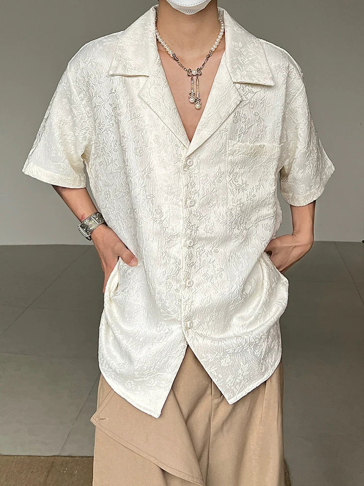 Jacquard Embroidery Embossed Cuban Collar Short Sleeve Shirt