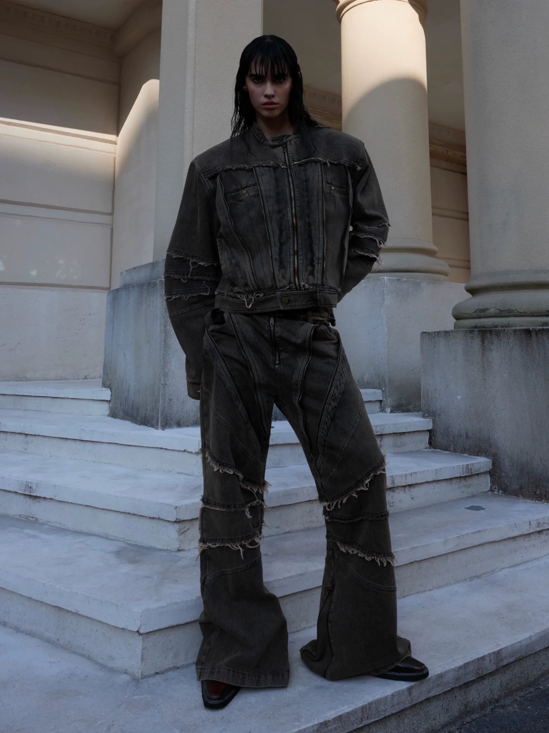 Washed Shoulder Pad Denim Jacket & Denim Jeans Setup