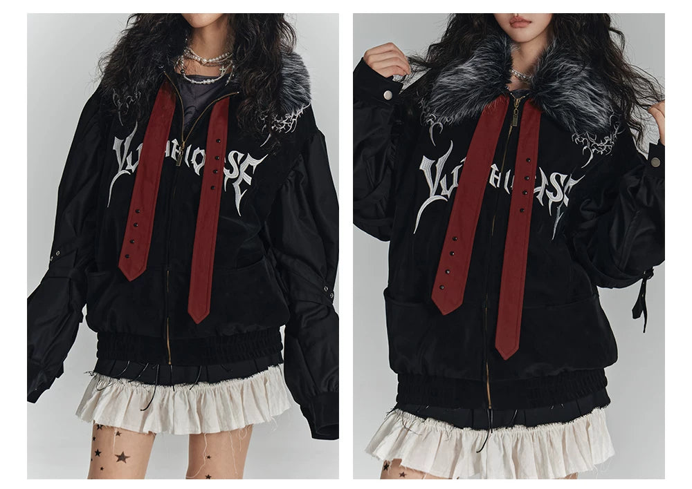 Embroidery Fur Collar Oversize Zipper Jacket