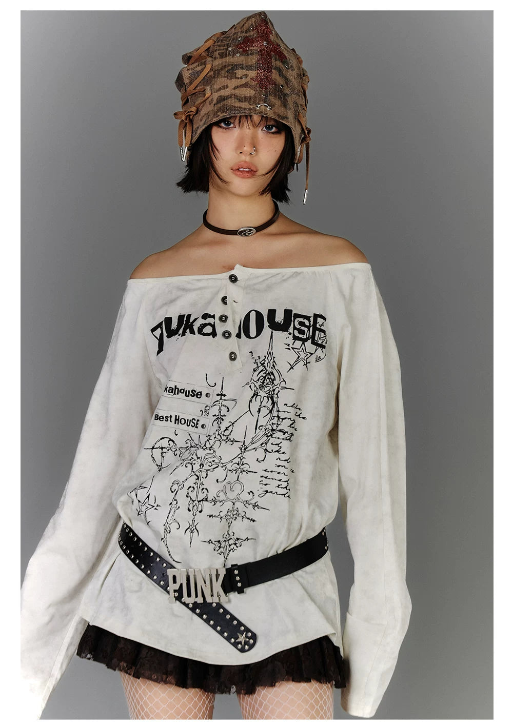 Off-Shoulder Graphic Print Button Long Sleeve T-Shirt