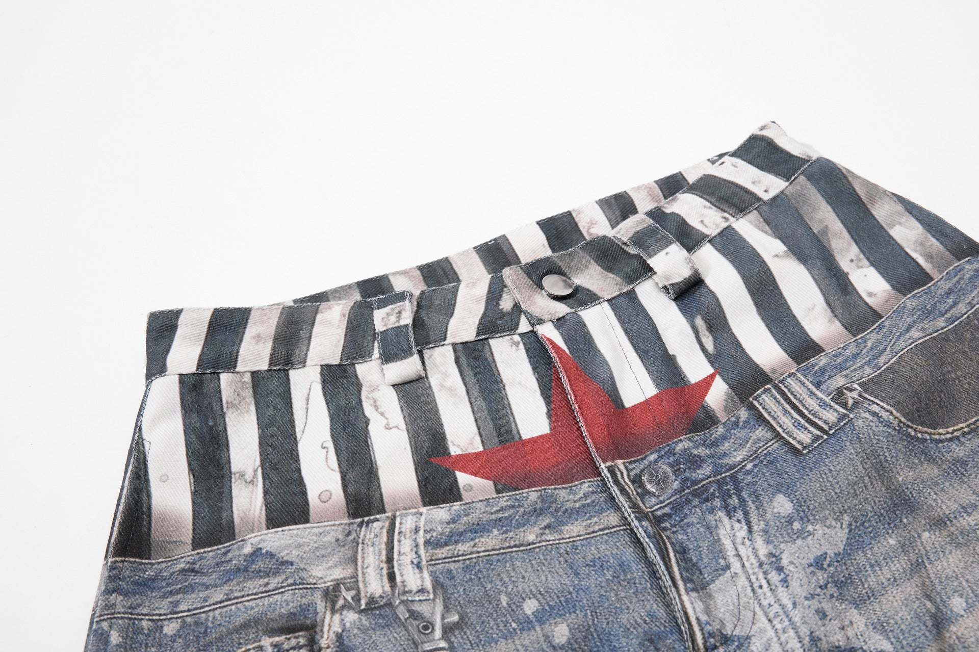Star Print Fake Layered Curved Wide Leg Denim Jeans