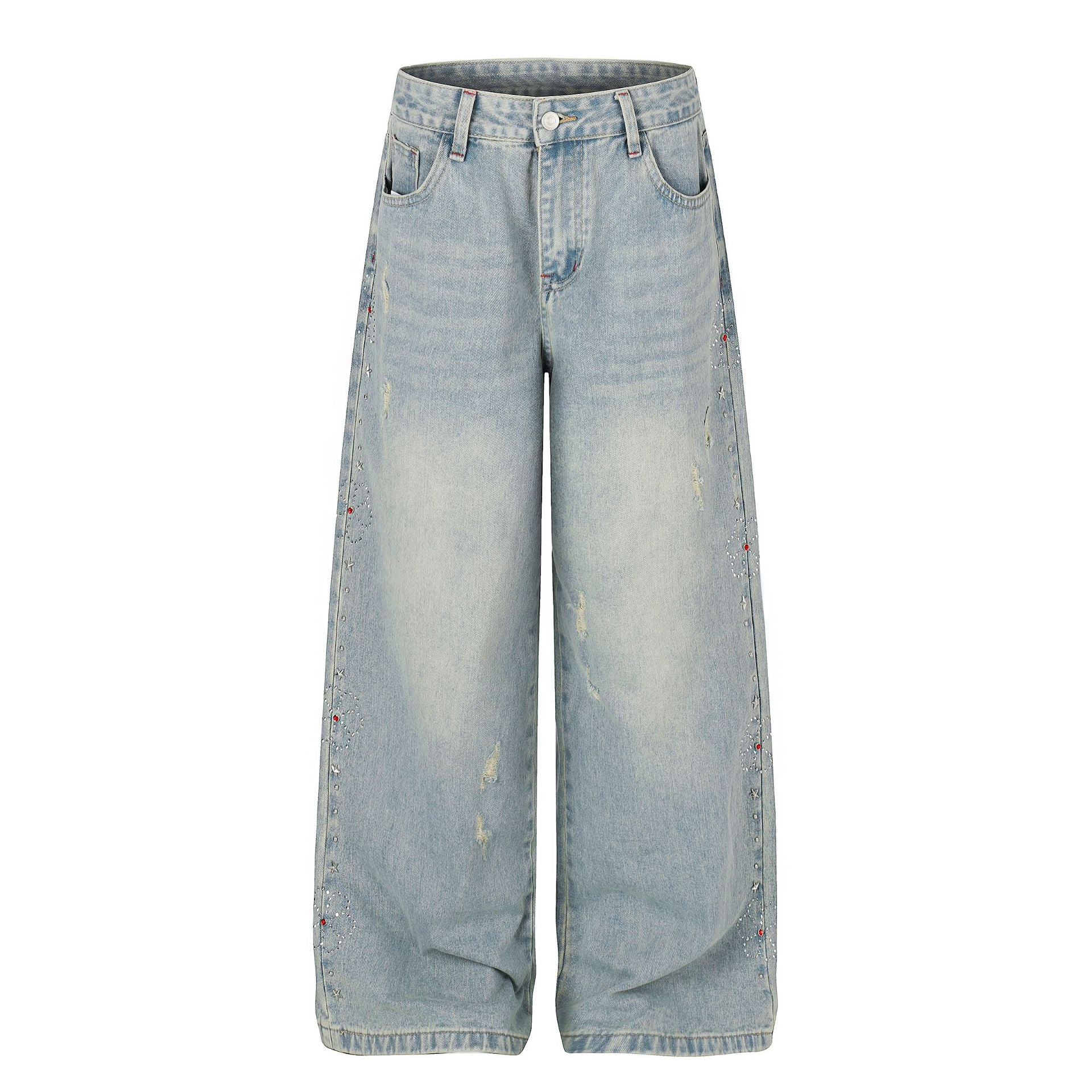 Washed Paint Studs Detail Wide Leg Denim Jeans