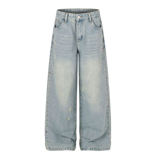 Jean large en denim délavé à détails cloutés - Bleu / S